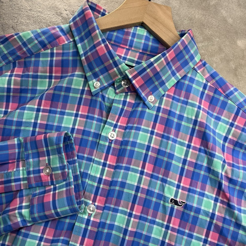 Vineyard Vines Whale Shirt Mens L Plaid Nylon Polyester